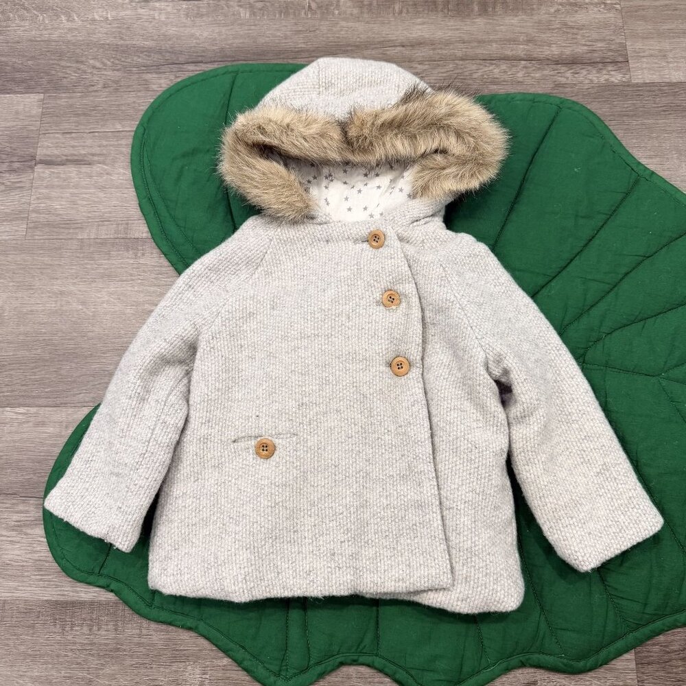 Zara Baby Girl 18-24M Gray Wool Blend Faux Fur Hood Outerwear Coat Jacket